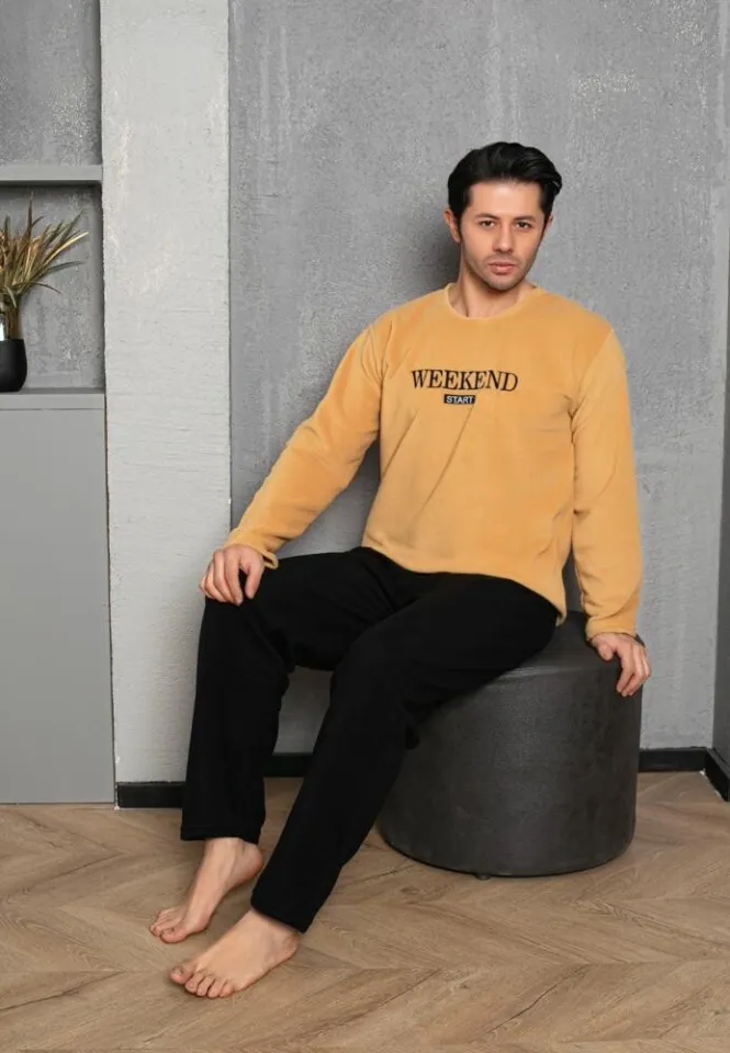 Pijama Bărbat, Polar, Mâneca Lungă și Pantalon Lung, Galben, Weekend