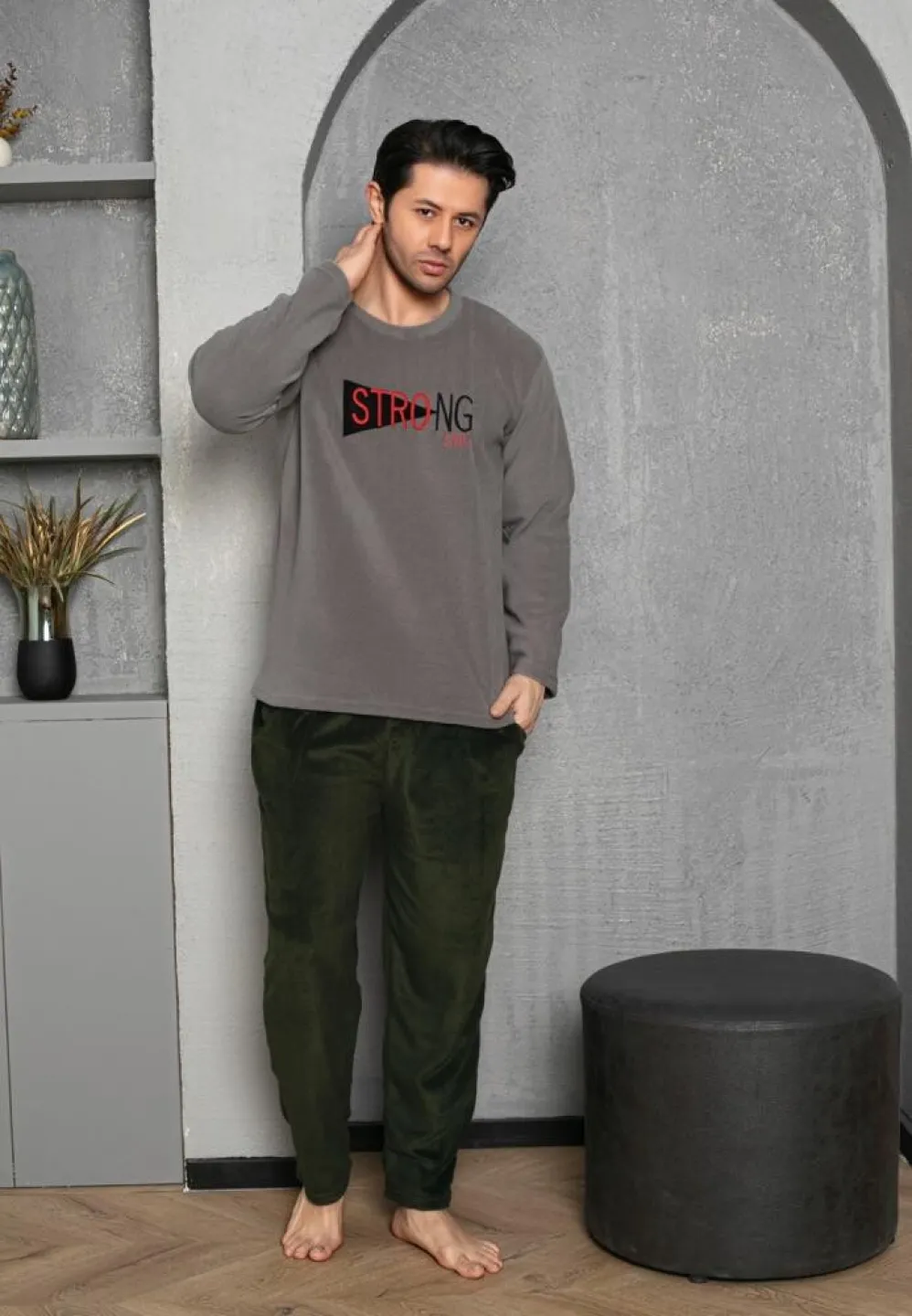 Pijama Bărbat, Gri, Polar, Mâneca Lungă și Pantalon Lung, Strong - 2