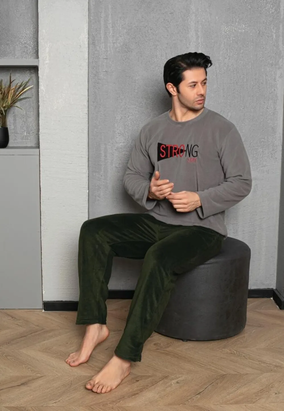 Pijama Bărbat, Gri, Polar, Mâneca Lungă și Pantalon Lung, Strong - 1