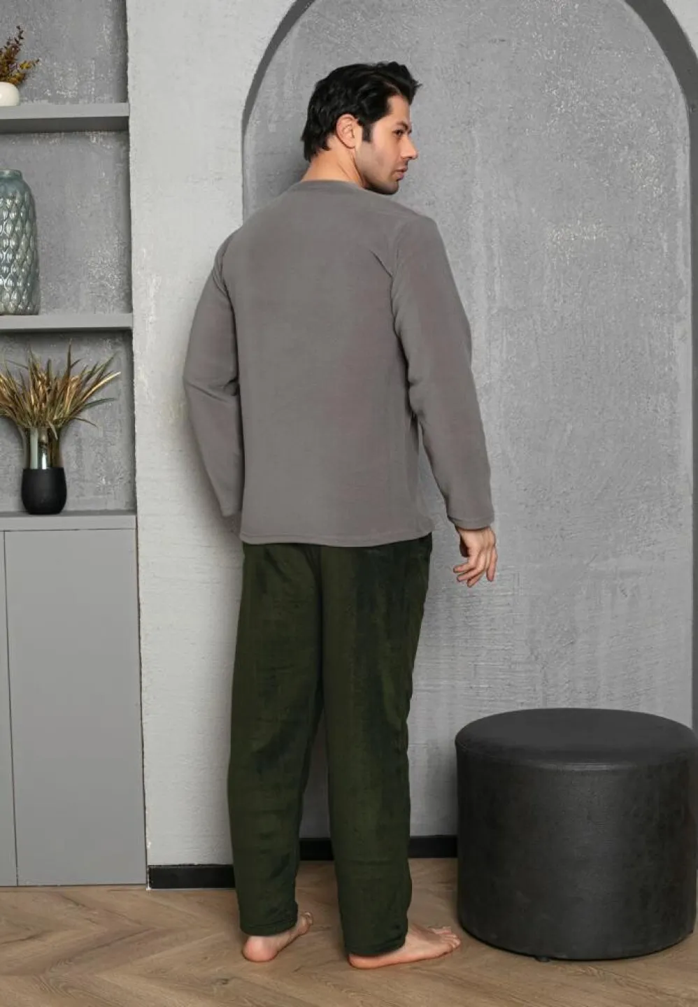 Pijama Bărbat, Gri, Polar, Mâneca Lungă și Pantalon Lung, Strong - 3