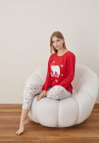 Pijama Rosu Happy New Year Craciun Dama Maneca Lunga Pantalon Lungi hover