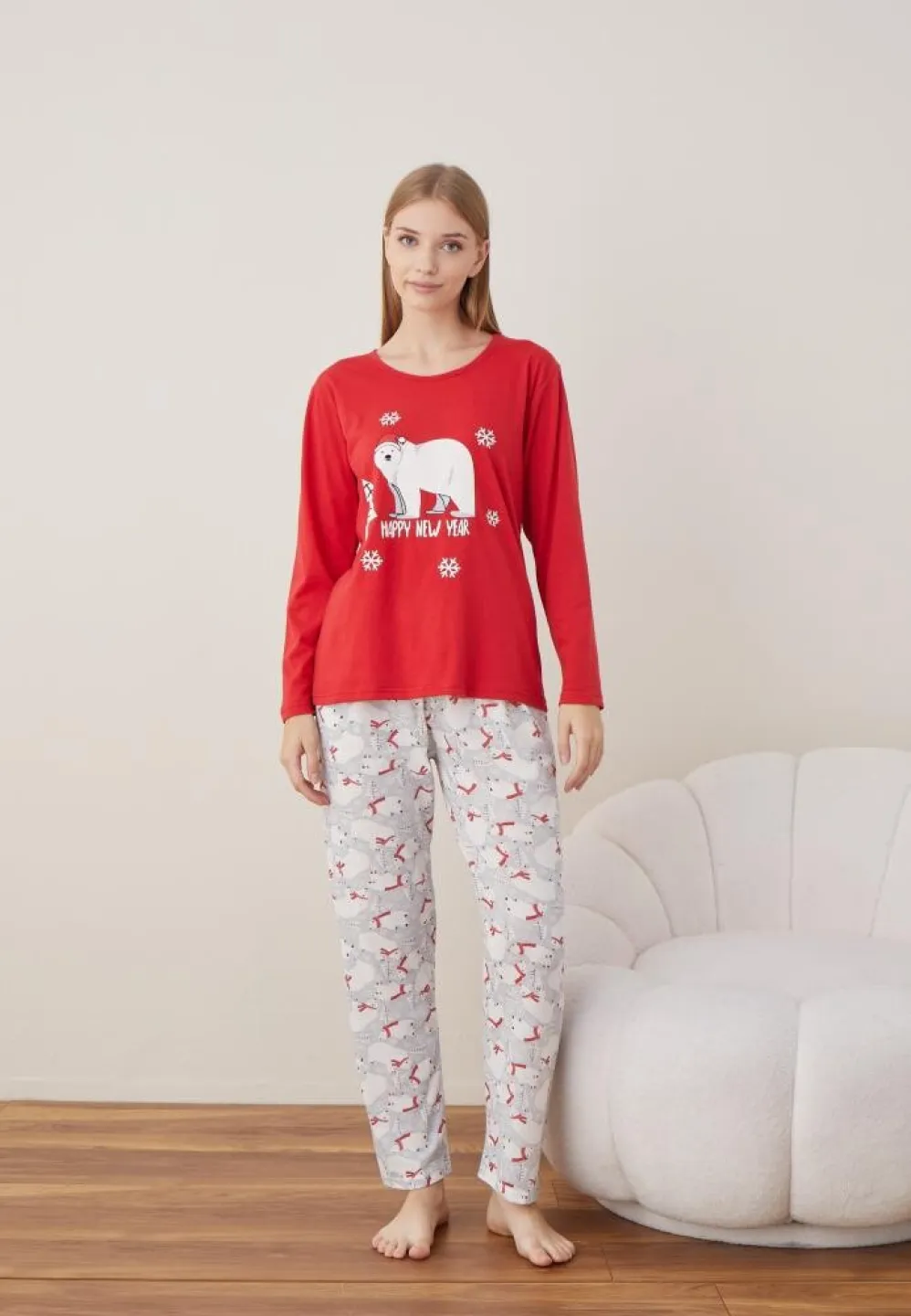 Pijama Rosu Happy New Year Craciun Dama Maneca Lunga Pantalon Lungi - 1
