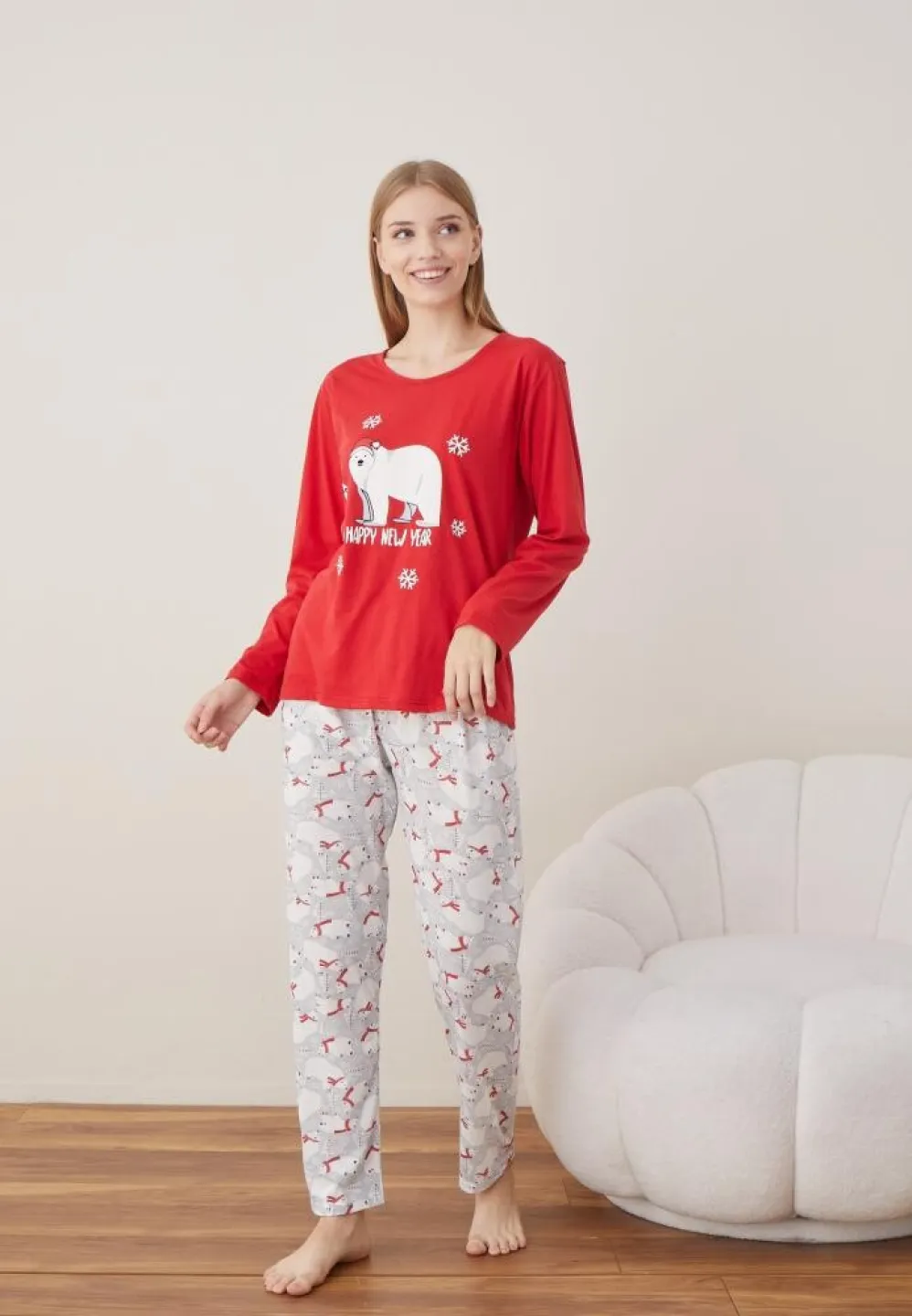 Pijama Rosu Happy New Year Craciun Dama Maneca Lunga Pantalon Lungi - 4
