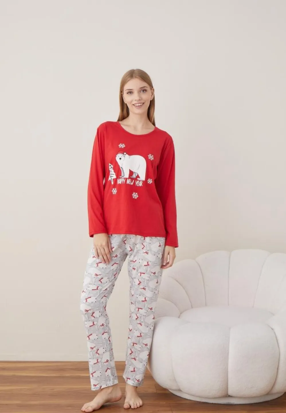 Pijama Rosu Happy New Year Craciun Dama Maneca Lunga Pantalon Lungi - 5