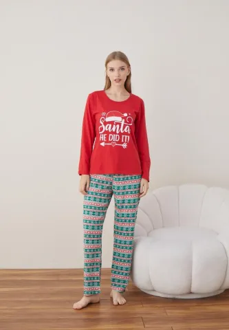 Pijama Rosu Santa Craciun Dama Maneca Lunga Pantalon Lungi hover