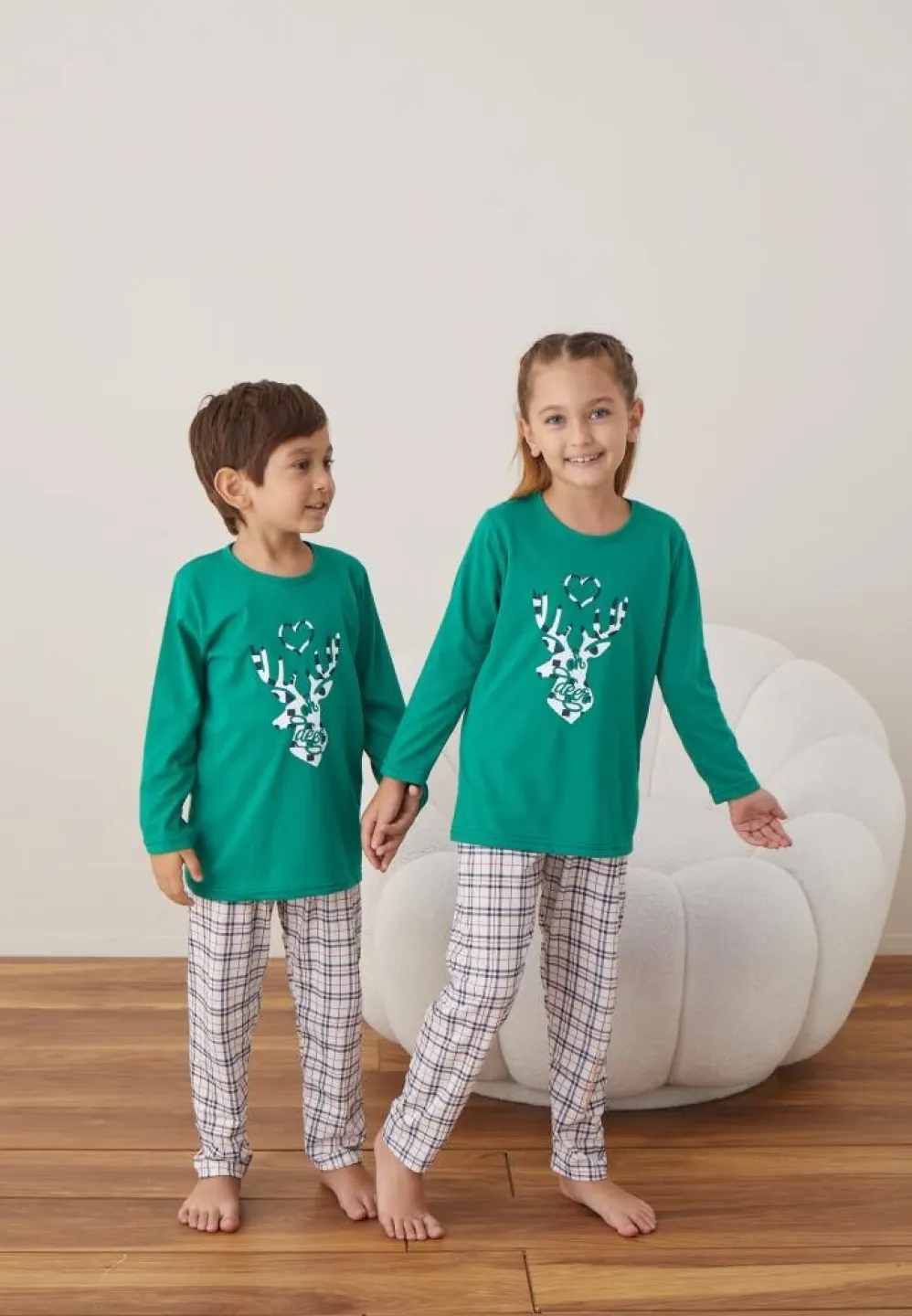 Pijama Verde Ren Crăciun Fete și Băieți Mânecă Lungă Pantalon Lungi - 3