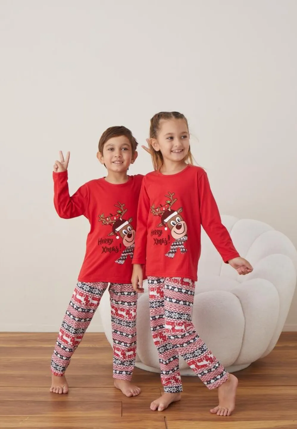 Pijama Rosu Merry Xmas Crăciun Fete și Băieți Mânecă Lungă Pantalon Lungi - 1