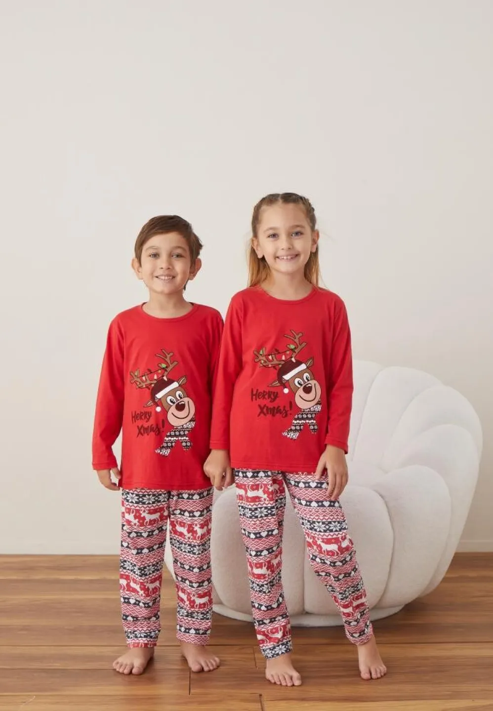 Pijama Rosu Merry Xmas Crăciun Fete și Băieți Mânecă Lungă Pantalon Lungi - 3