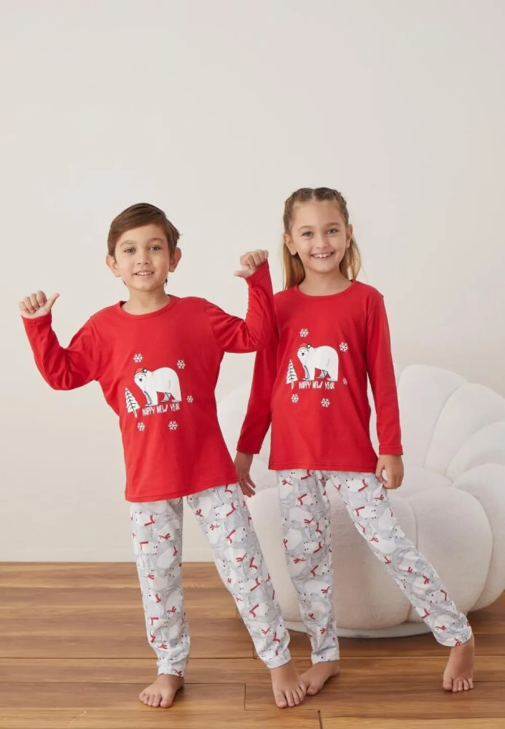 Pijama Rosu Happy New Year Crăciun Fete și Băieți Mânecă Lungă Pantalon Lungi - 1