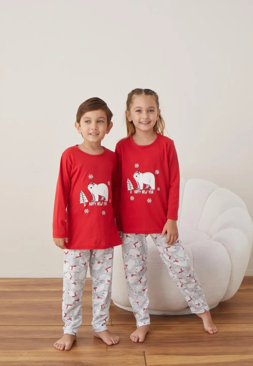 Pijama Rosu Happy New Year Crăciun Fete și Băieți Mânecă Lungă Pantalon Lungi - 3