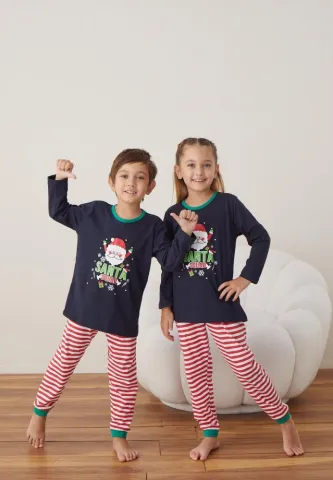 Pijama Crăciun Fete și Băieți, Mânecă Lungă, Pantalon Lungi,Bleumarin,Santa