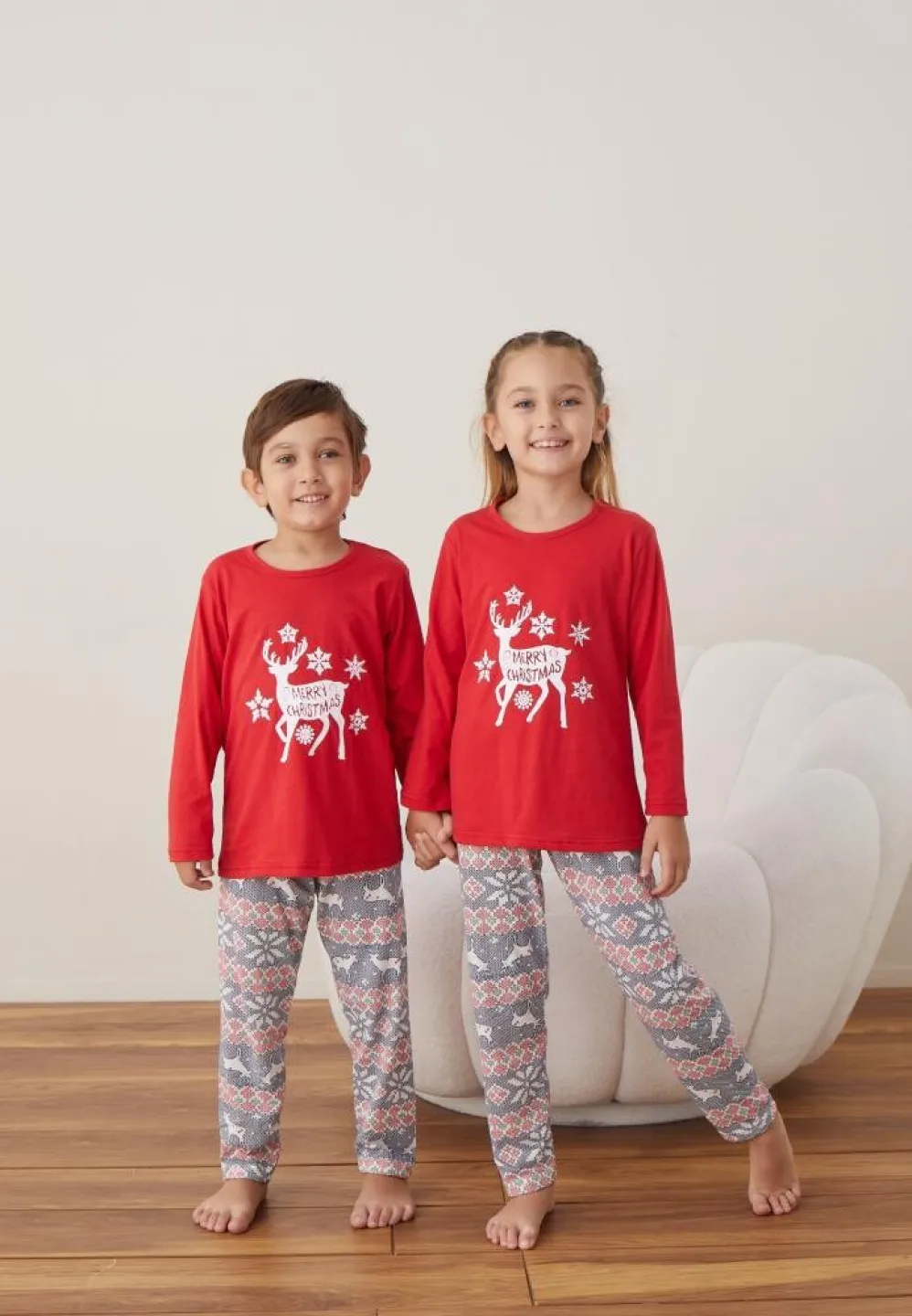 Pijama Roșu Merry Christmas Crăciun Fete și Băieți Mânecă Lungă Pantalon Lungi - 1