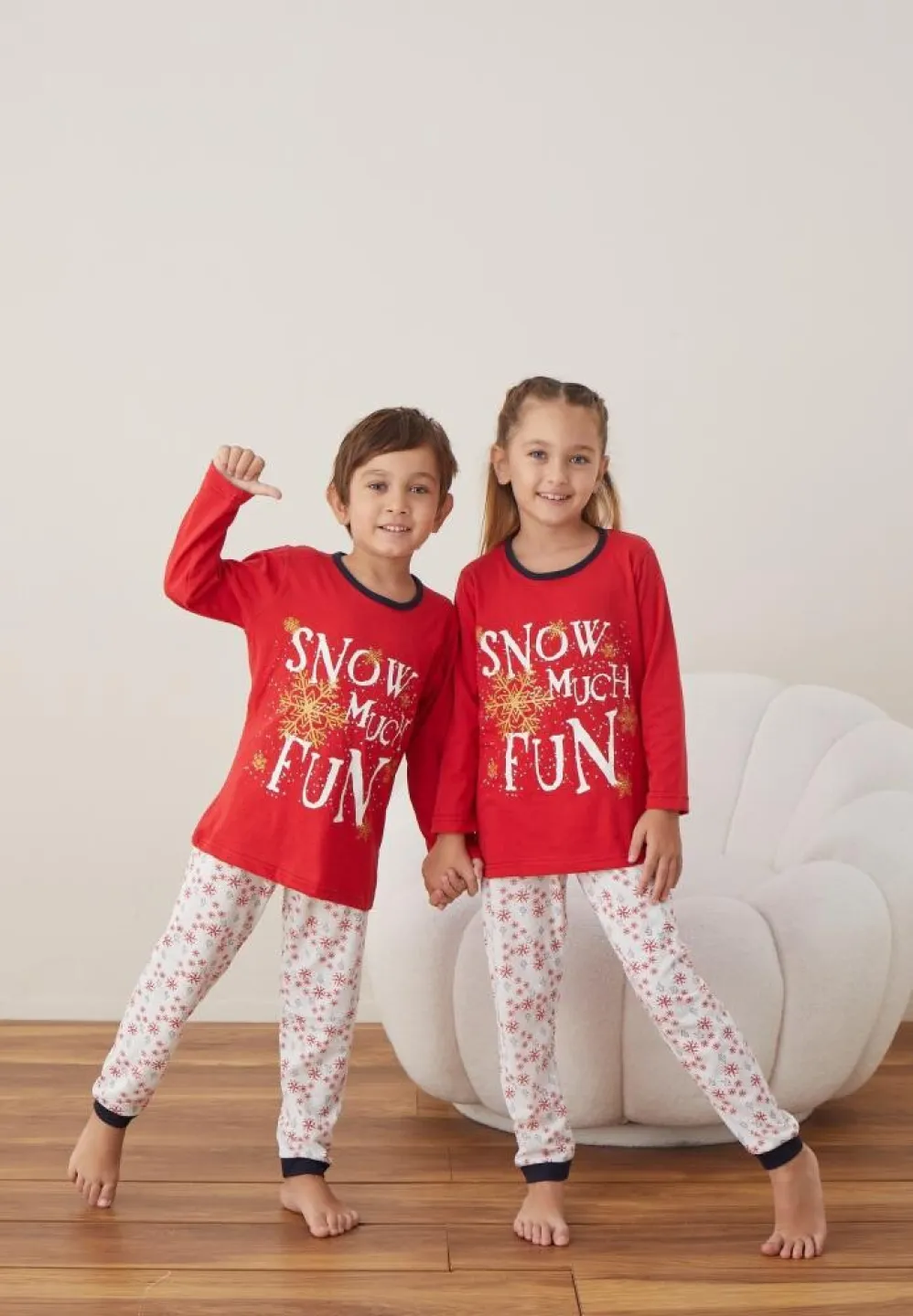 Pijama Roșu Snow Crăciun Fete și Băieți Mânecă Lungă Pantalon Lungi - 3