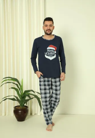 Pijama Craciun Barbat Pantaloni Lungi Maneca Lunga,Bleumarin,Merry Chrismas hover