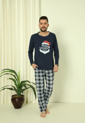 Pijama Craciun Barbat Pantaloni Lungi Maneca Lunga,Bleumarin,Merry Chrismas