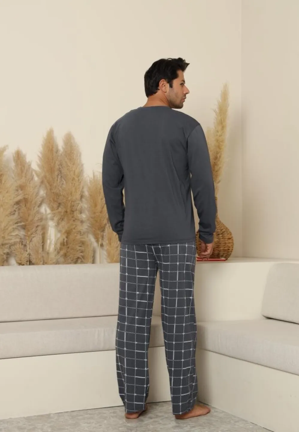 Pijama Bărbați Pantaloni și Mânecă Lungă Culoare Gri - 3
