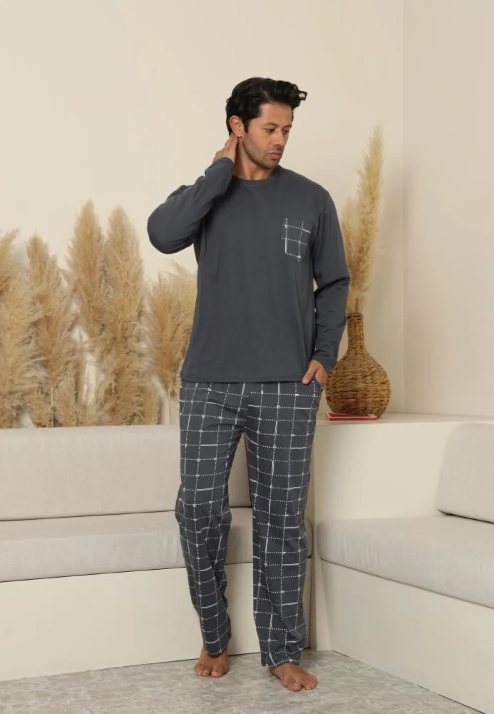 Pijama Bărbați Pantaloni și Mânecă Lungă Culoare Gri - 1