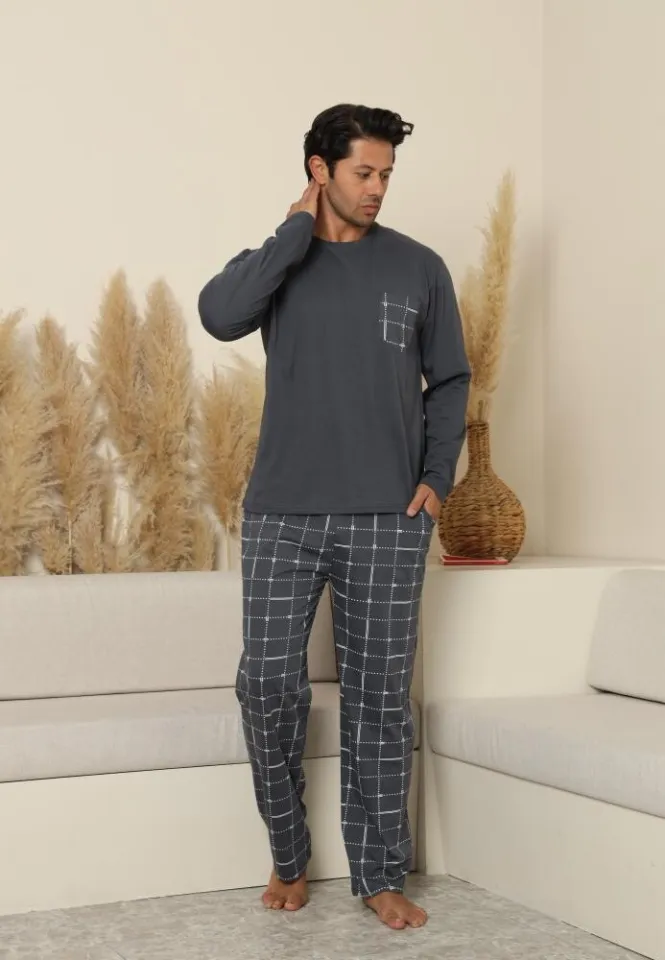 Pijama Bărbați Pantaloni și Mânecă Lungă Culoare Gri