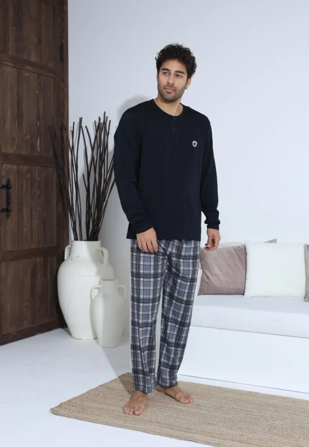 Pijama Negru Bărbați Mânecă Lungă și Pantaloni Lungi - 3