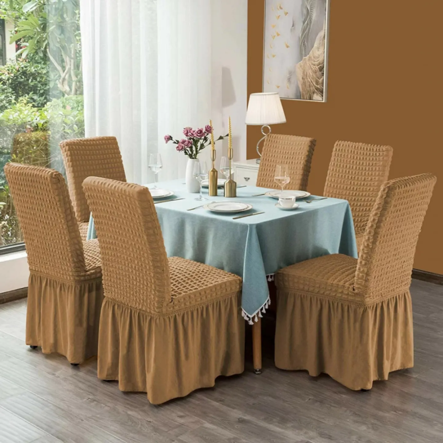 Set 6 huse creponate scaune cu volănașe, Maro Deschis - 1