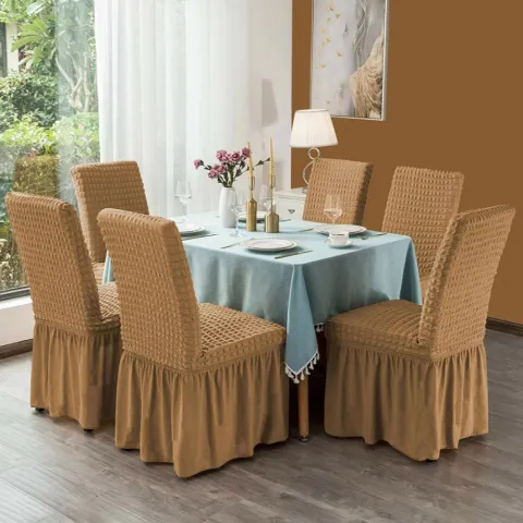 Set 6 huse creponate scaune cu volănașe, Maro Deschis