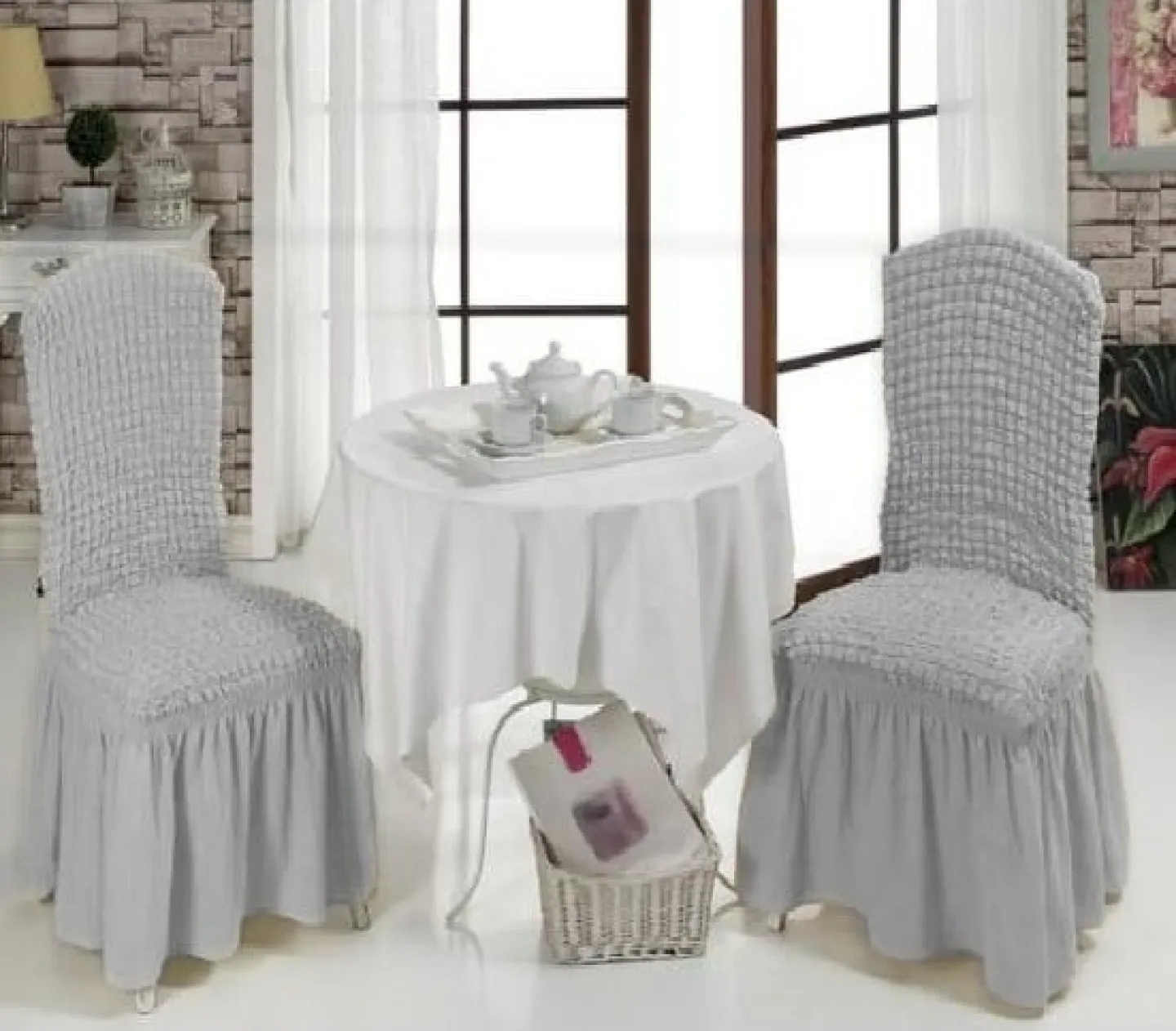 Set 6 huse scaune creponate cu volănașe, Gri Deschis - 1