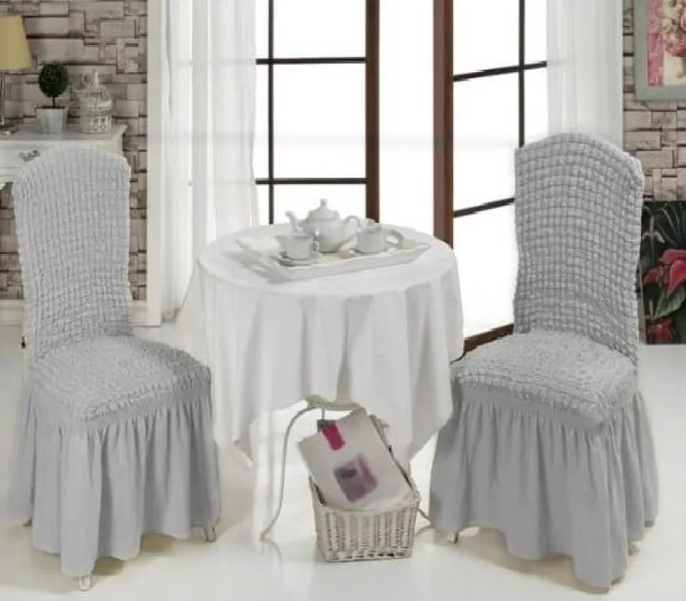 Set 6 huse scaune creponate cu volănașe, Gri Deschis