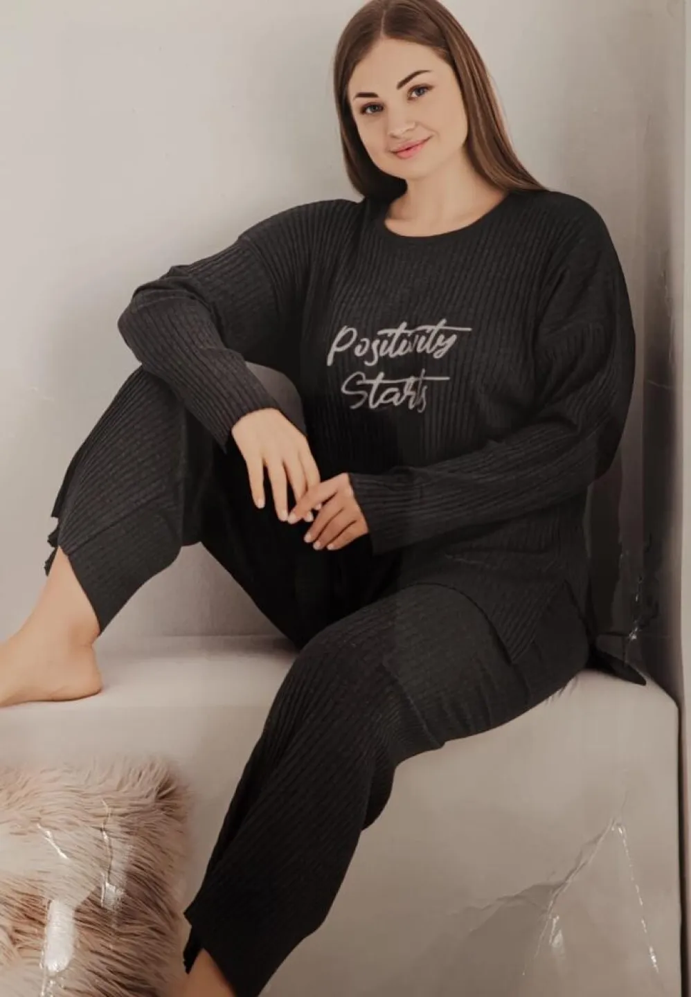 Pijama plisată damă, mărime mare, culoare Gri închis - 1