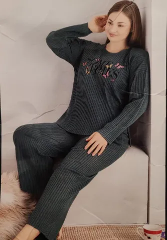 Pijama damă plisată Negru, mărime mare, mânecă lungă și pantaloni lungi