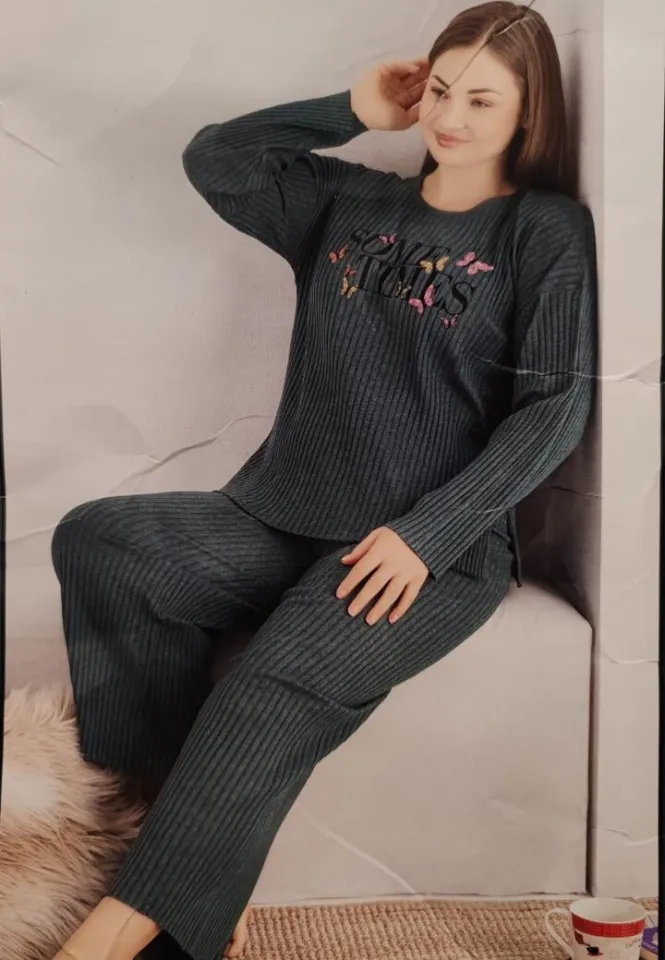 Pijama damă plisată Negru, mărime mare, mânecă lungă și pantaloni lungi