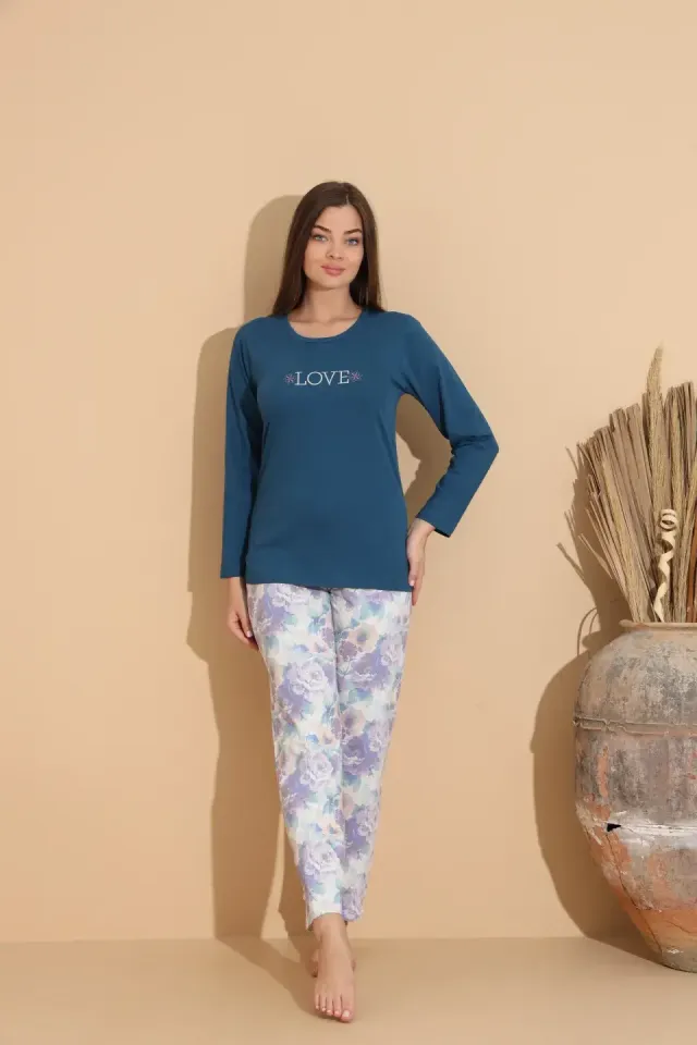 Pijama dama confort bleumarin cu imprimeu floral și mesaj „Love”