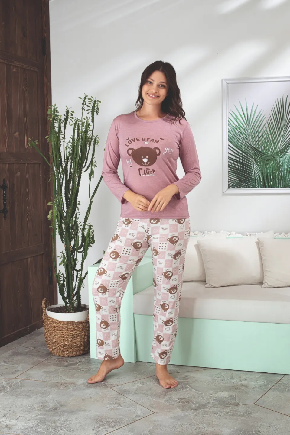 Pijama dama maneca lunga pantalon lungi roz,Dream Love Bear,Confortabil și Plăcut la Purtat - 1