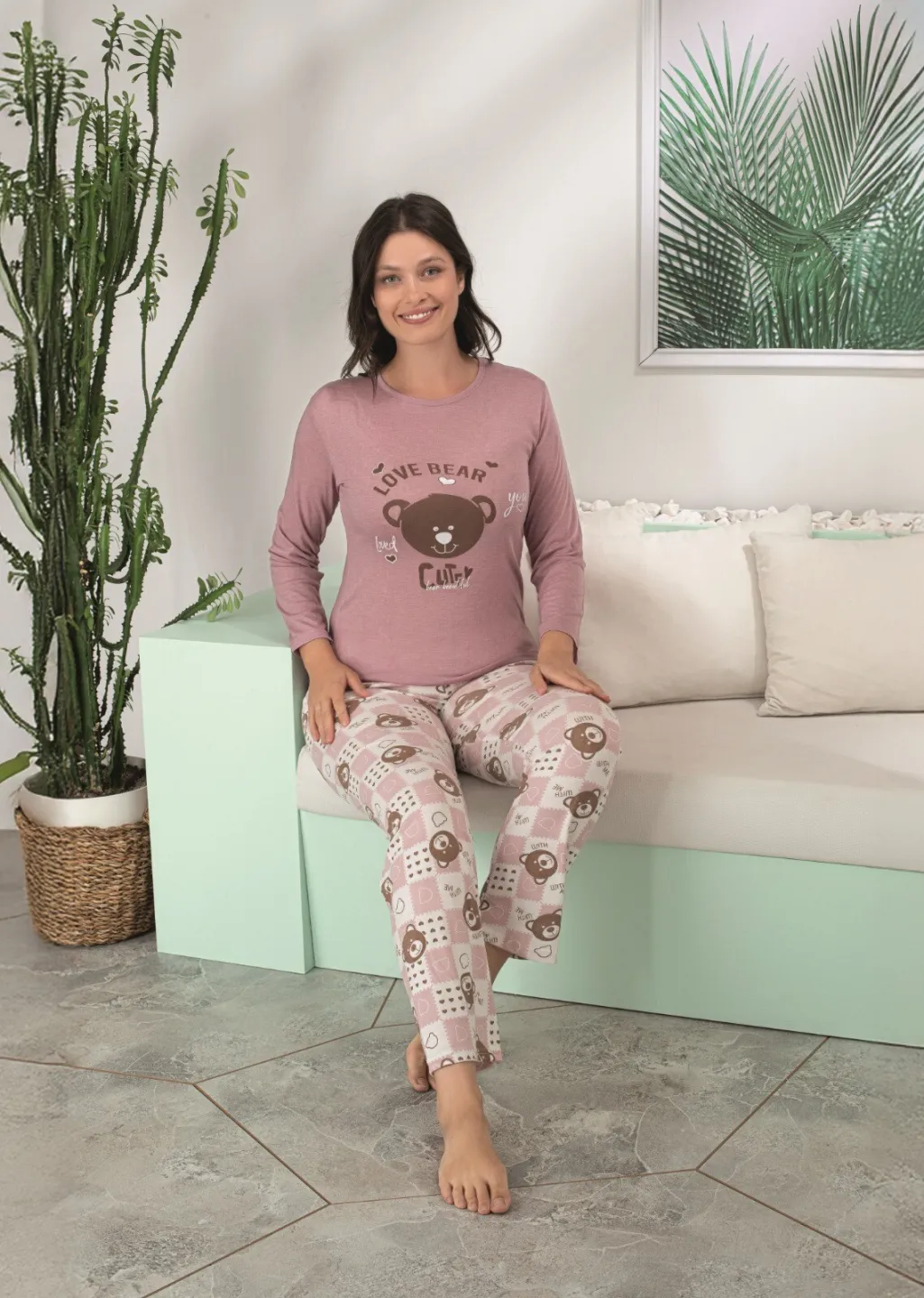 Pijama dama maneca lunga pantalon lungi roz,Dream Love Bear,Confortabil și Plăcut la Purtat - 2