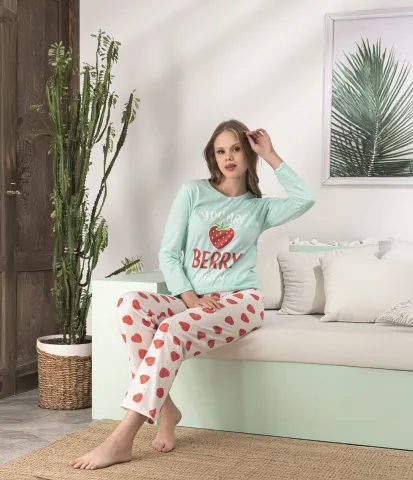 Pijama dama maneca lunga pantalon lungi verde,You Are Berry,Material moale hover