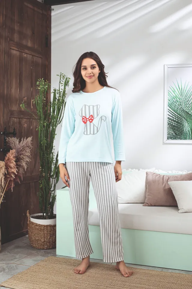 Pijama Dama Pisica – Set Albastru Deschis cu Pantaloni Lungi și Mâneci Lungi