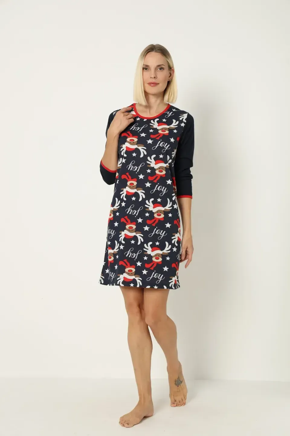 Cămașă de noapte de Crăciun, bleumarin, cu imprimeu cu reni, confortabilă - 2