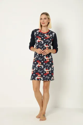 Cămașă de noapte de Crăciun, bleumarin, cu imprimeu cu reni, confortabilă