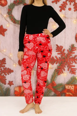 Pantaloni pijama damă, polar moale roșu cu inimi