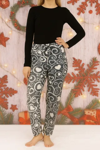 Pantalon damă din polar moale, gri, cu imprimeu inimă