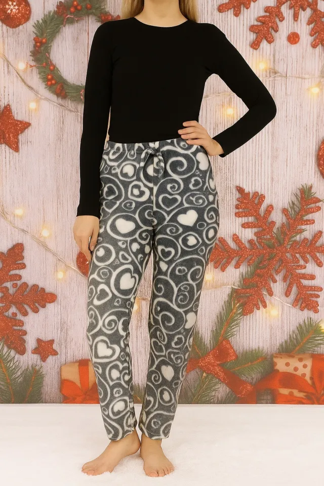 Pantalon damă din polar moale, gri, cu imprimeu inimă