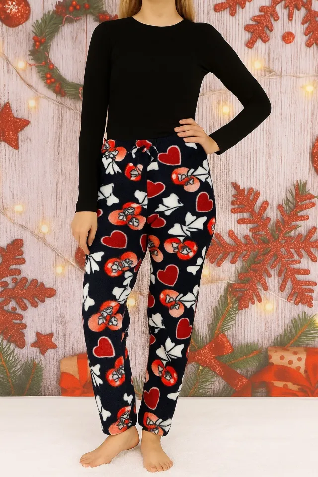 Pantaloni confortabili pentru femei, fleece bleumarin cu inimioare