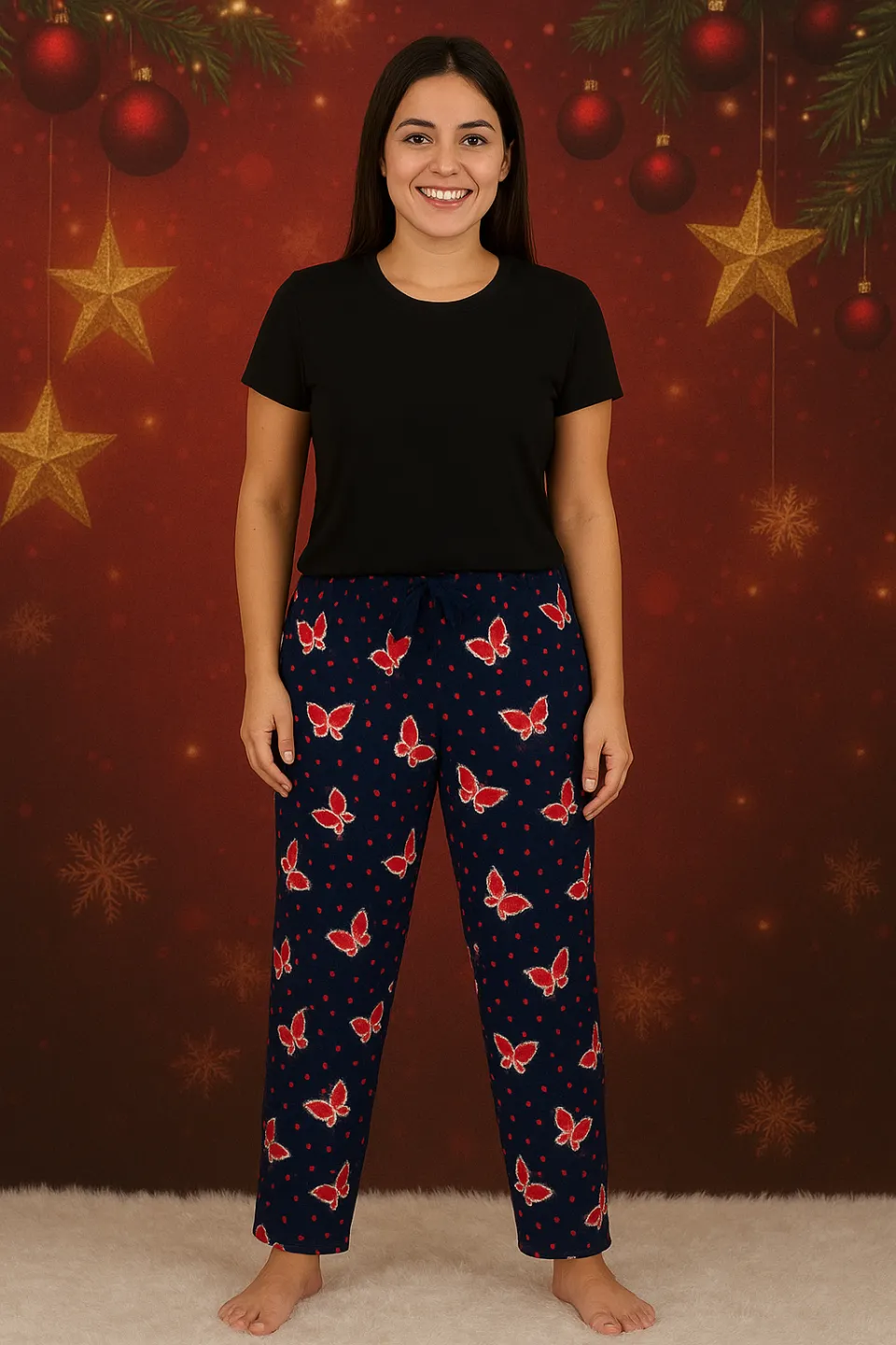 Pantaloni de casă damă, fleece bleumarin cu model fluture - 1