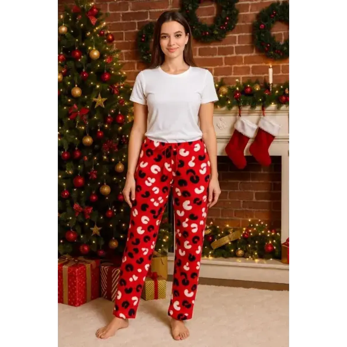 Pantaloni de casă damă, fleece roșu moale și elegant - 1