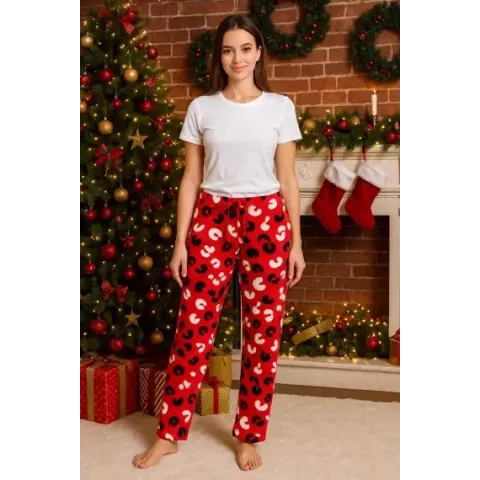Pantaloni de casă damă, fleece roșu moale și elegant
