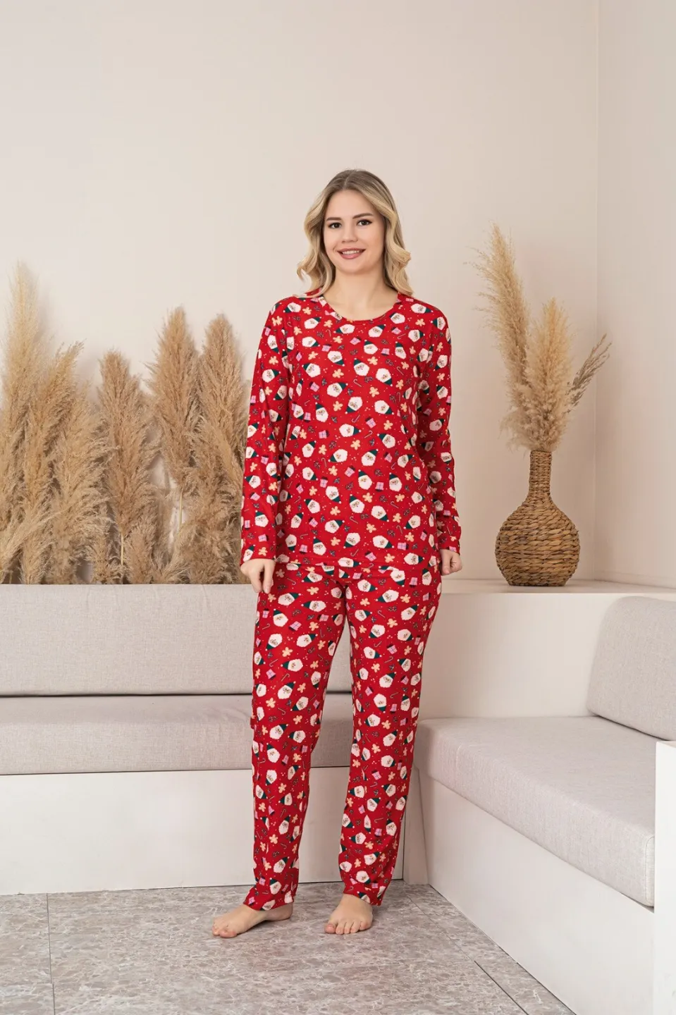 Pijamă Damă Moș Crăciun roșu set mânecă lungă pantaloni lungi - 1