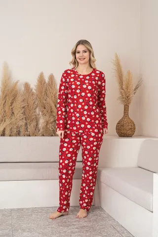 Pijamă Damă Moș Crăciun roșu set mânecă lungă pantaloni lungi