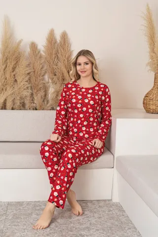 Pijamă Damă Moș Crăciun roșu set mânecă lungă pantaloni lungi hover