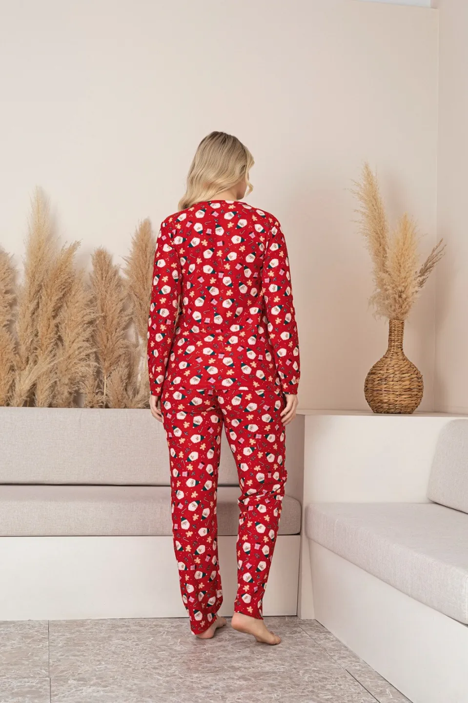 Pijamă Damă Moș Crăciun roșu set mânecă lungă pantaloni lungi - 3