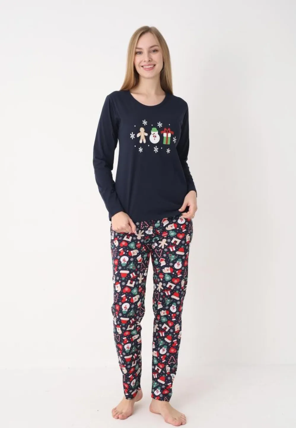 Pijama damă bleumarin de iarnă, cu om de zăpadă, formată din bluză și pantaloni lungi - 5