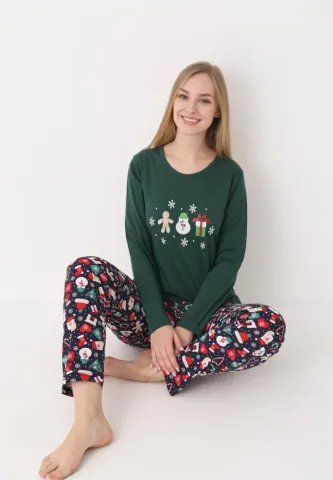 pijama dama craciun model verde, imprimeu om de zăpadă, set cu mânecă și pantaloni lungi hover